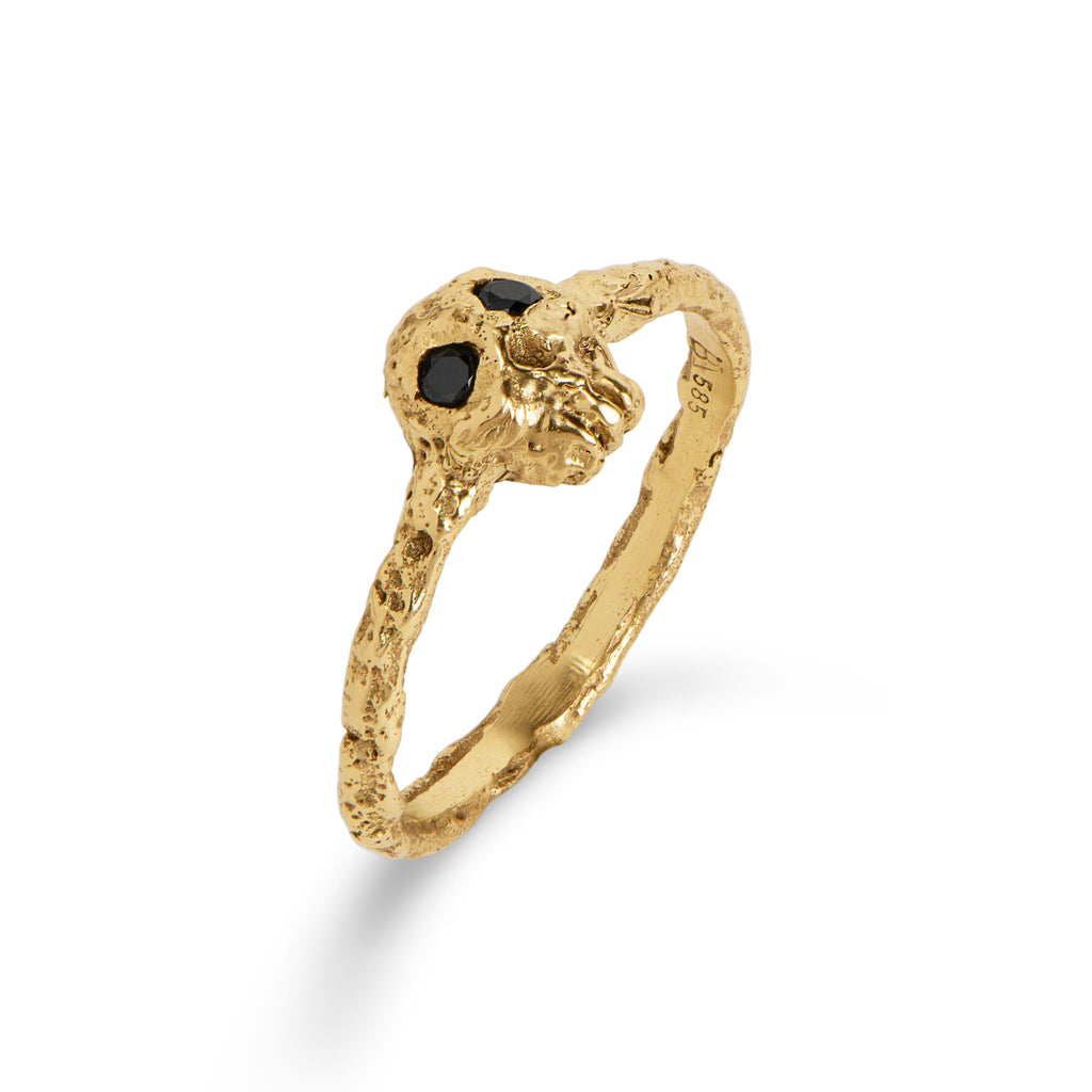 Yellow Gold Skull Ring With 2 Black Diamonds