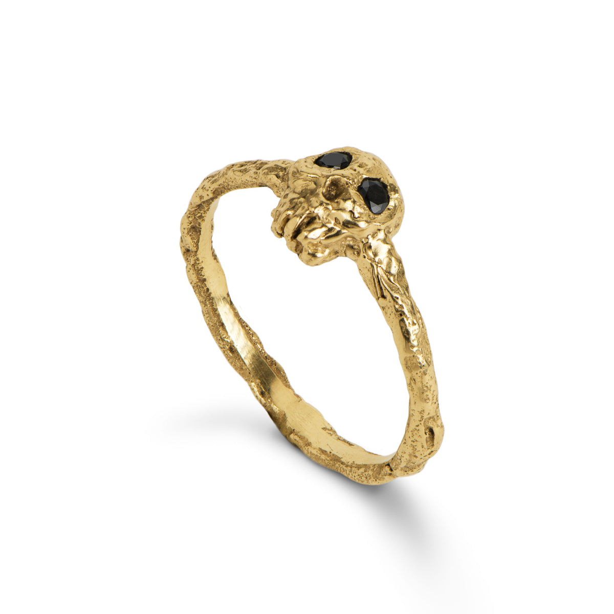 Yellow Gold Skull Ring With 2 Black Diamonds