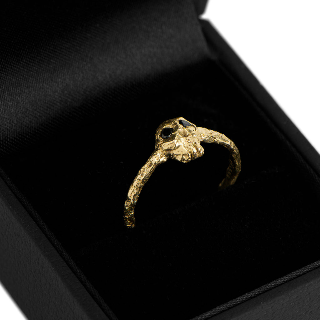 Yellow Gold Skull Ring With 2 Black Diamonds