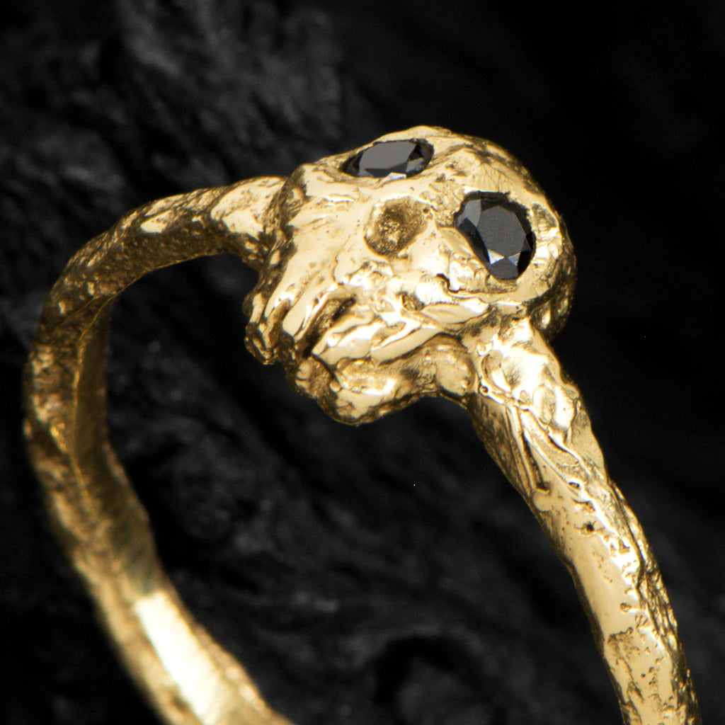 Yellow Gold Skull Ring With 2 Black Diamonds