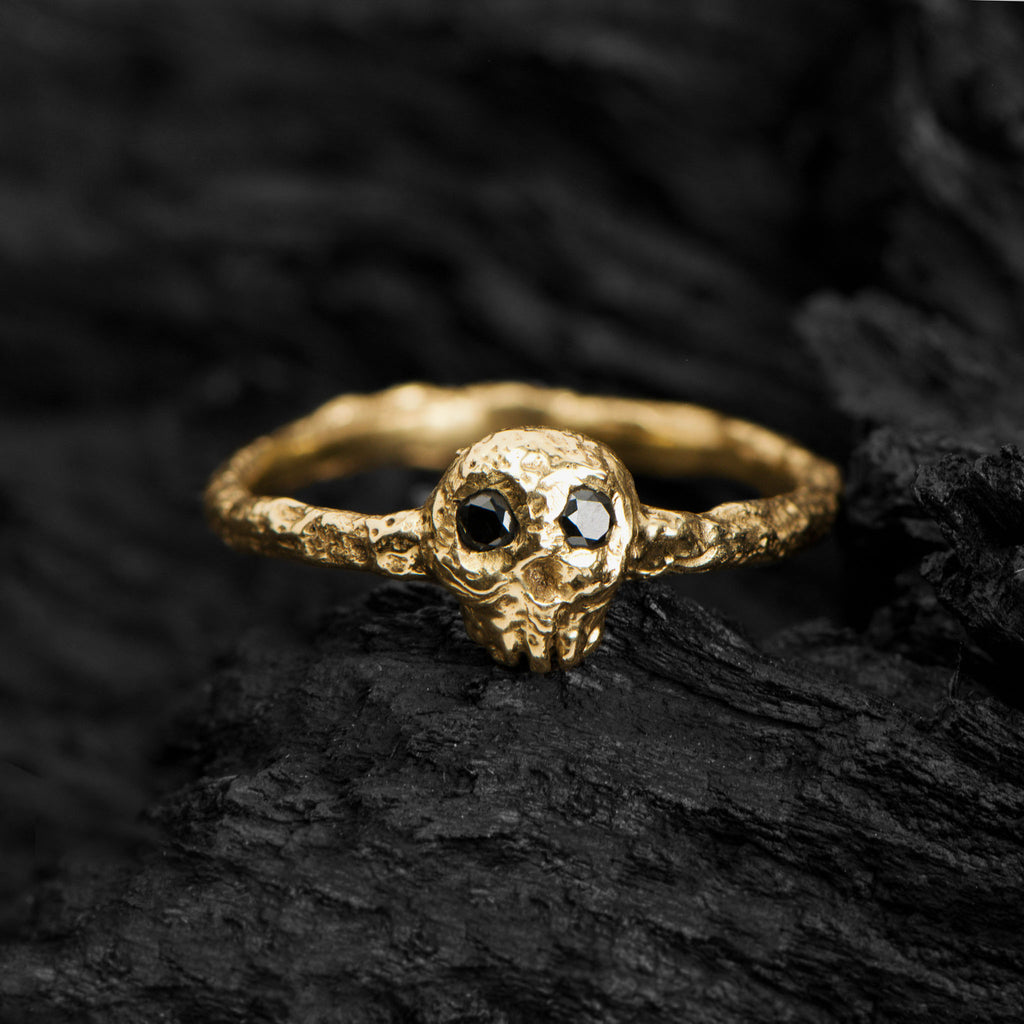 Yellow Gold Skull Ring With 2 Black Diamonds