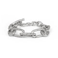 Silver chain bracelet with big textured links on a white background