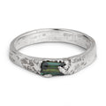 Celaeno sterling silver ring with baguette-cut green tourmaline gemstone, handcrafted in Berlin.