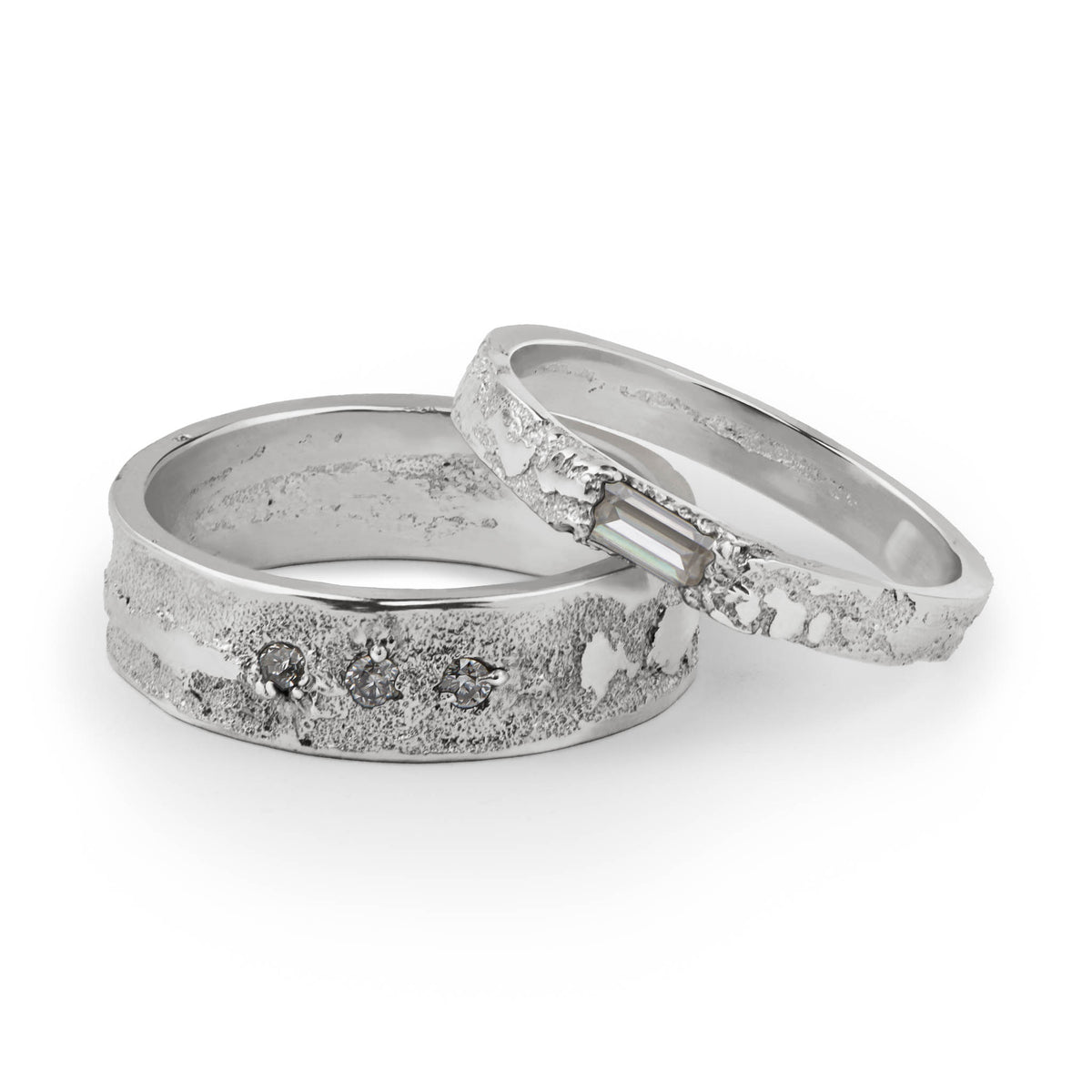 Taygeta sterling silver wedding bands with baguette and brilliant moissanite stones, handcrafted in Berlin studio.